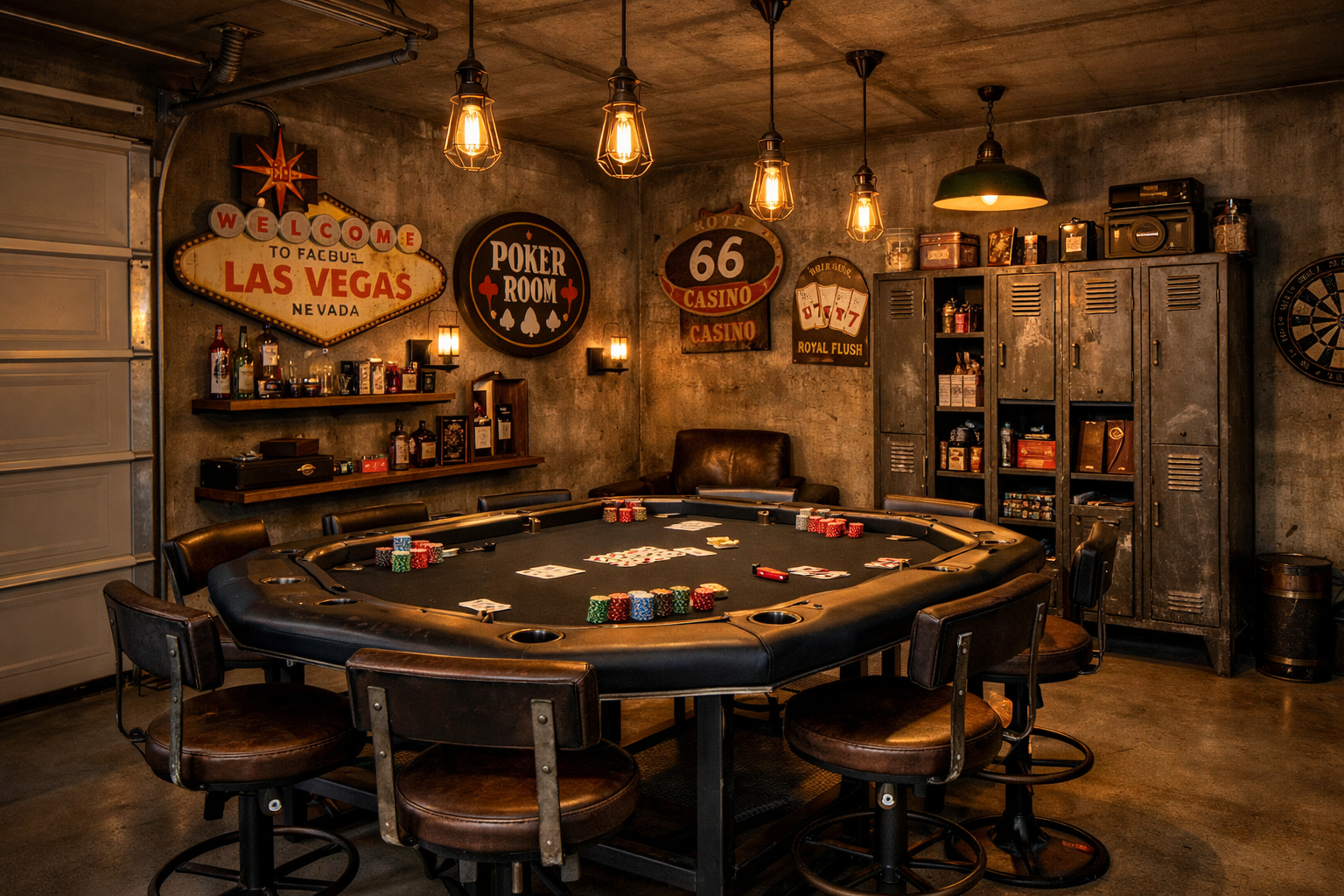 Industrial garage poker room with metal furniture and vintage Vegas decor