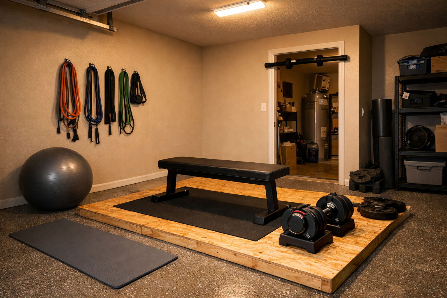 Budget-friendly garage gym with basic dumbbells and resistance equipment