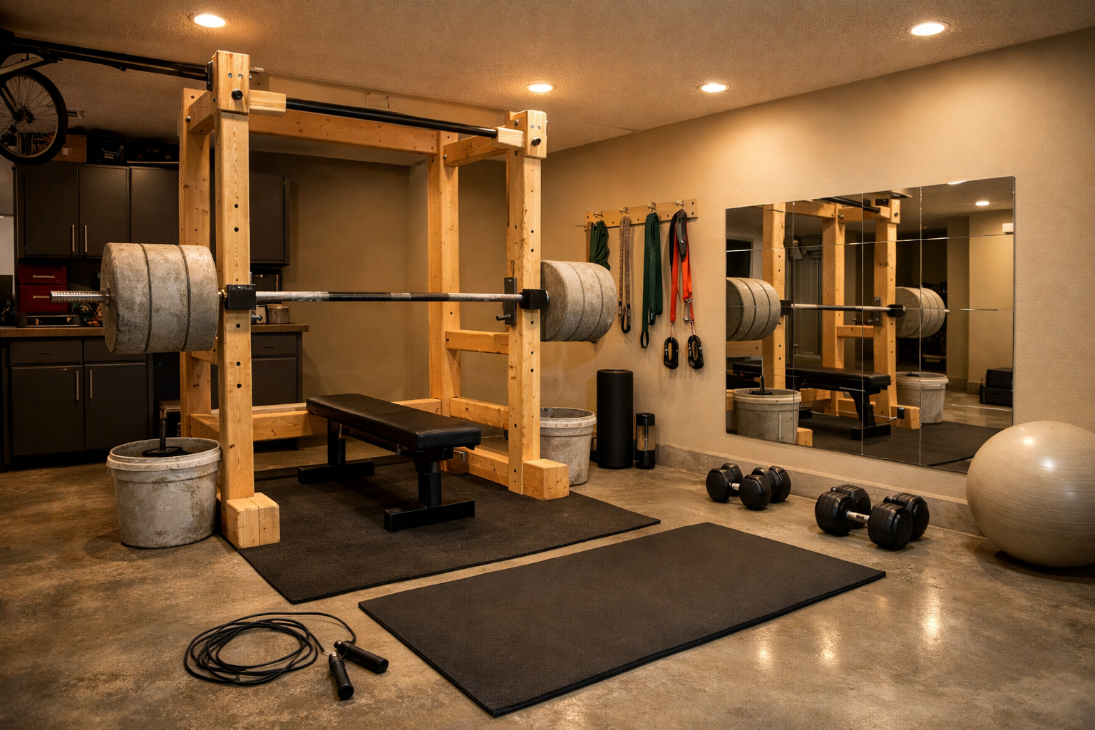 DIY garage gym with homemade squat rack and creative equipment solutions