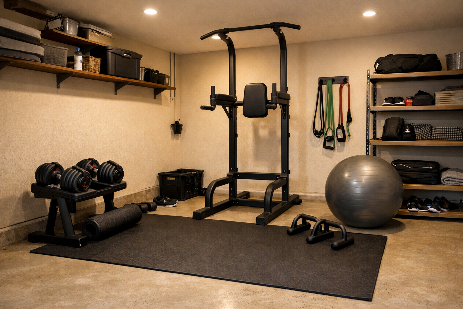 Affordable garage gym featuring adjustable dumbbells and power tower