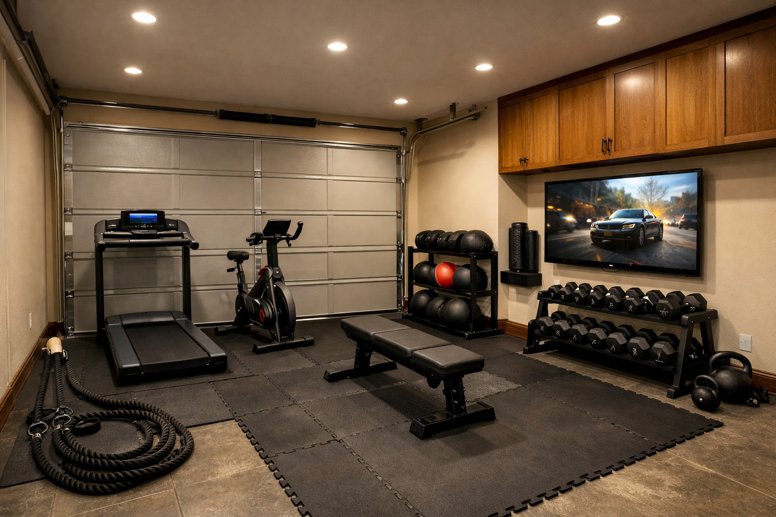 Garage gym with cardio corner and integrated weightlifting area
