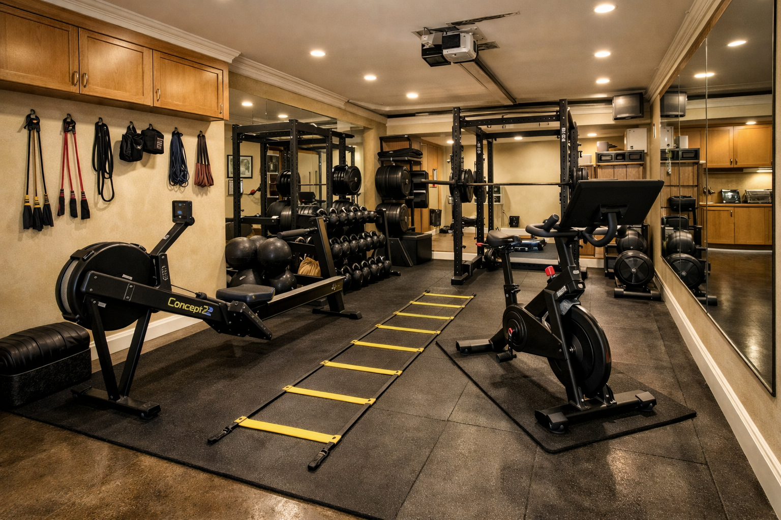 Mixed garage gym combining cardio equipment with strength training setup
