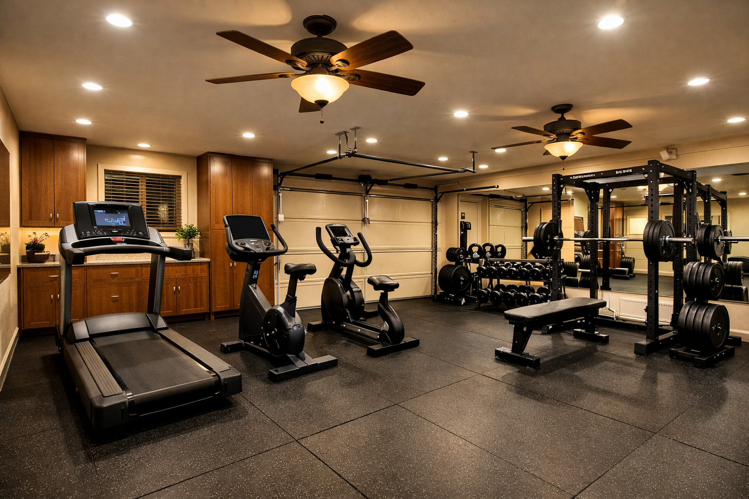 Garage gym with separate cardio zone and strength training area