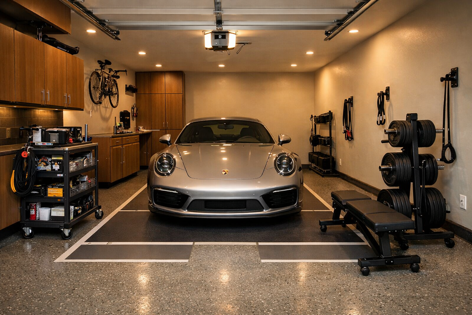 Flexible garage gym with mobile equipment and car parking space