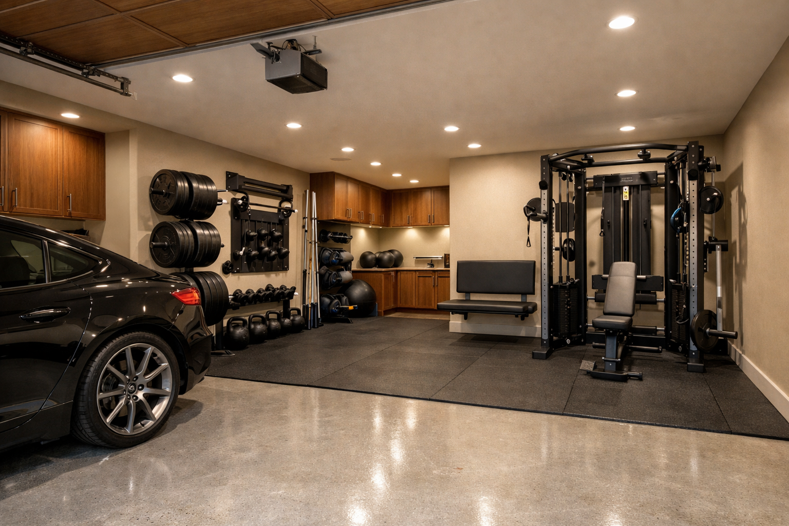 Garage gym layout efficiently organized around parked car space