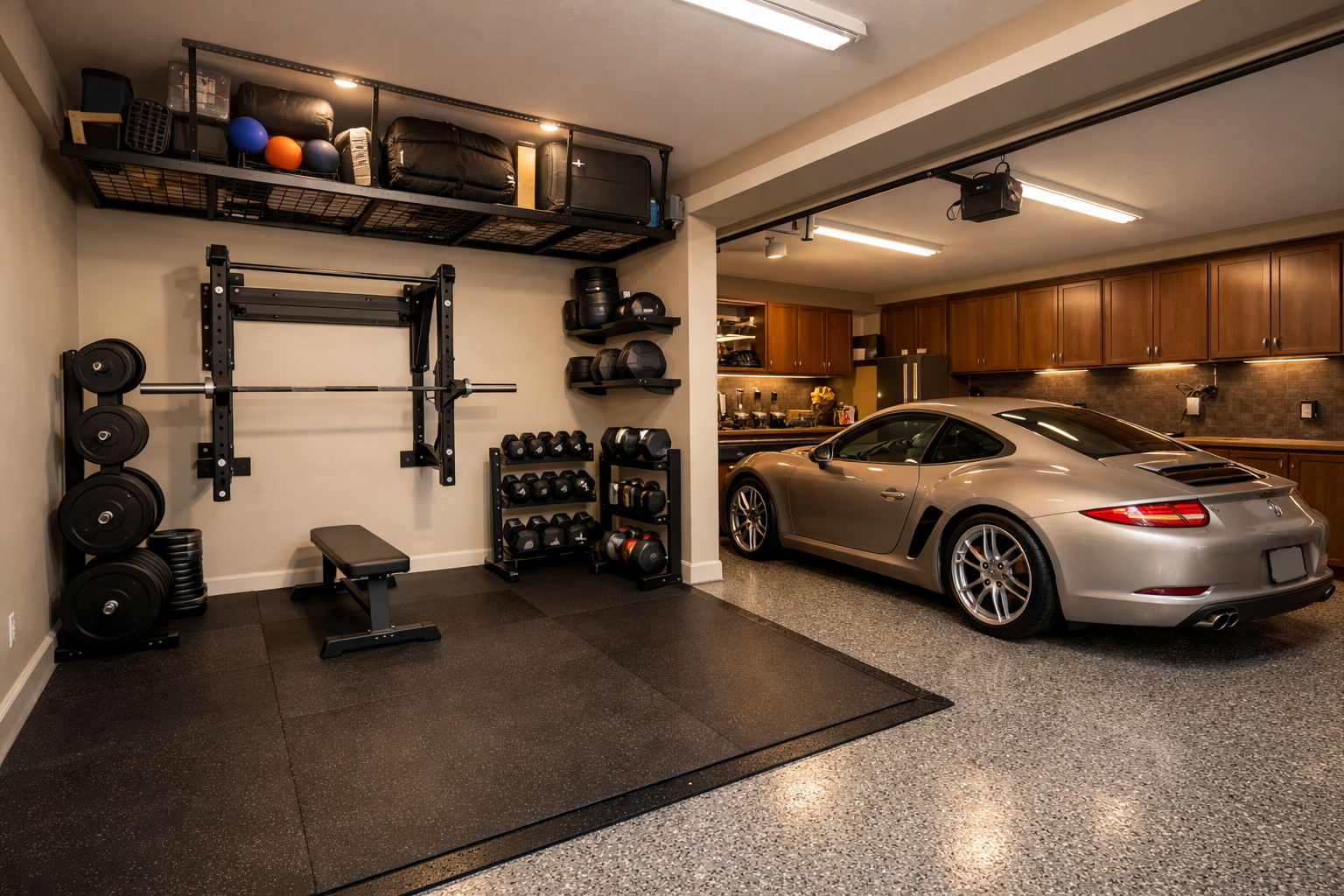 Two-car garage with one bay converted to gym while maintaining car parking