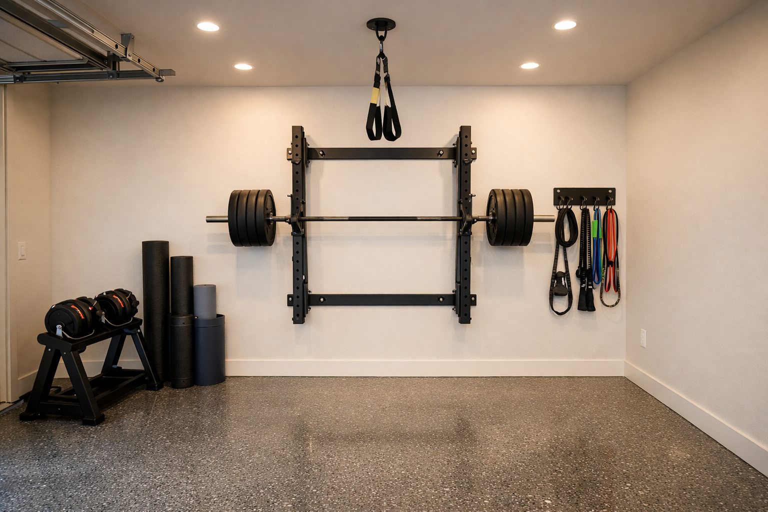 Minimalist garage gym featuring foldable equipment and clean design