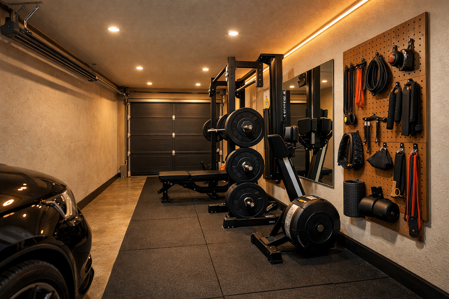 Narrow garage gym with single-wall equipment layout and vertical storage