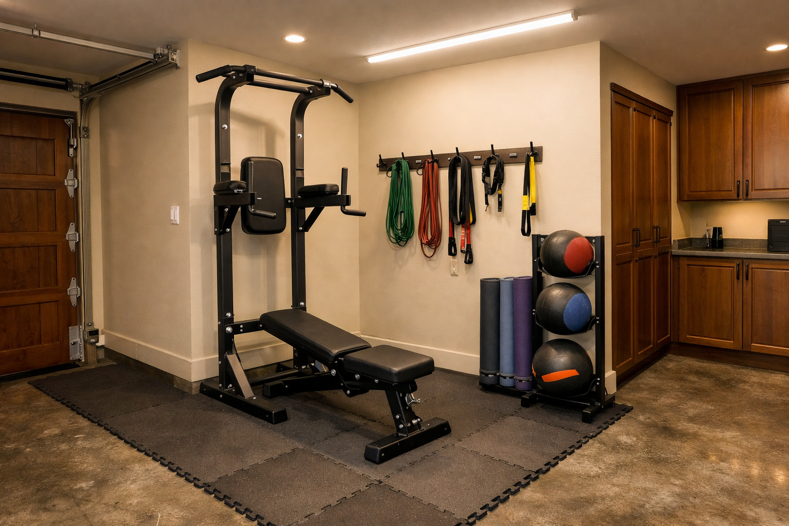 Small garage gym with power tower and efficient equipment storage