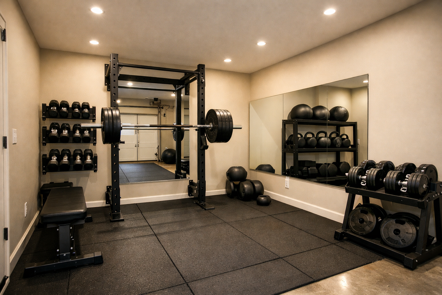 Compact garage gym with wall-mounted squat rack and organized storage
