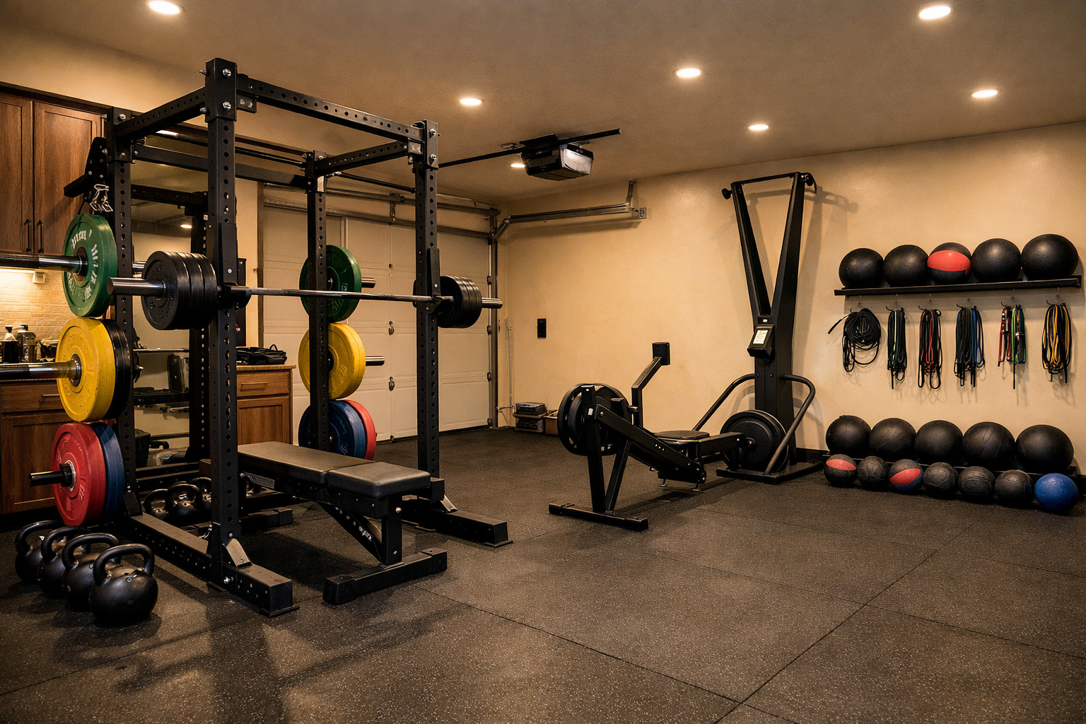 High-intensity garage gym with power cage and cardio equipment