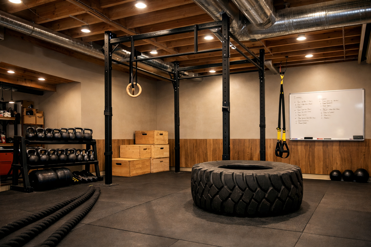 Functional fitness garage featuring battle ropes and diverse training equipment