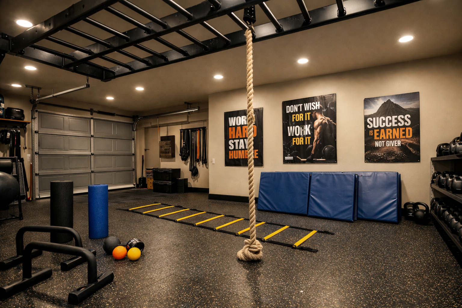 Open garage gym with monkey bars and gymnastics equipment