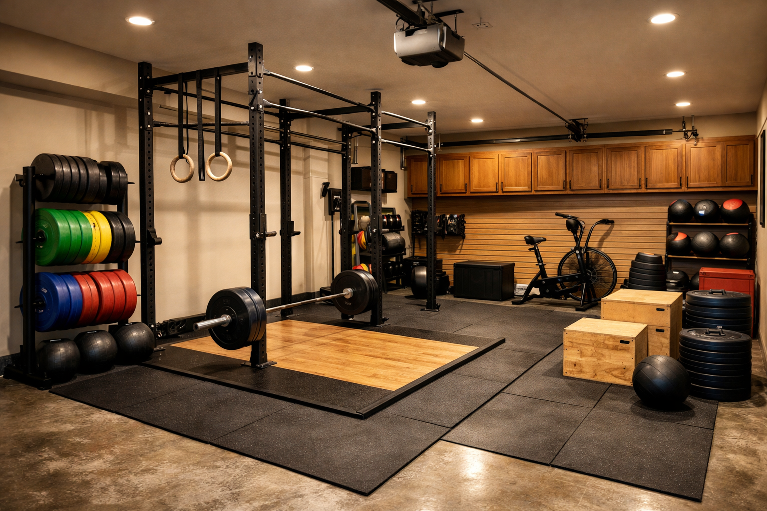 CrossFit garage gym with Olympic lifting platform and heavy-duty equipment