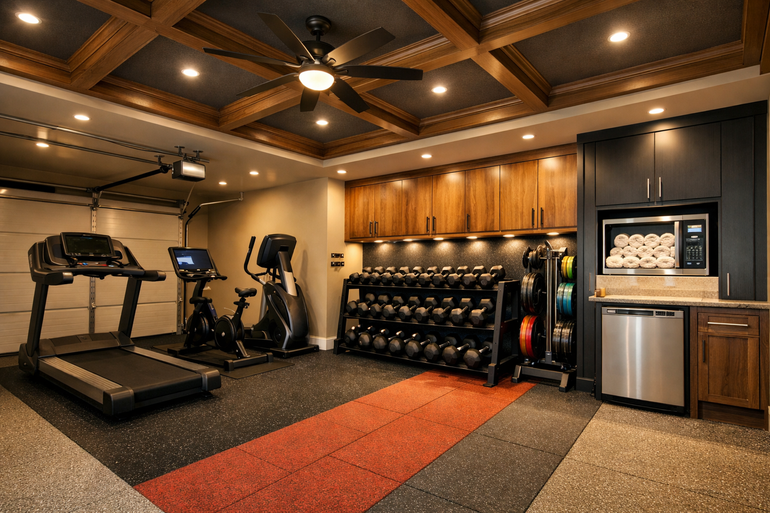 Upscale garage gym with commercial cardio equipment and custom amenities