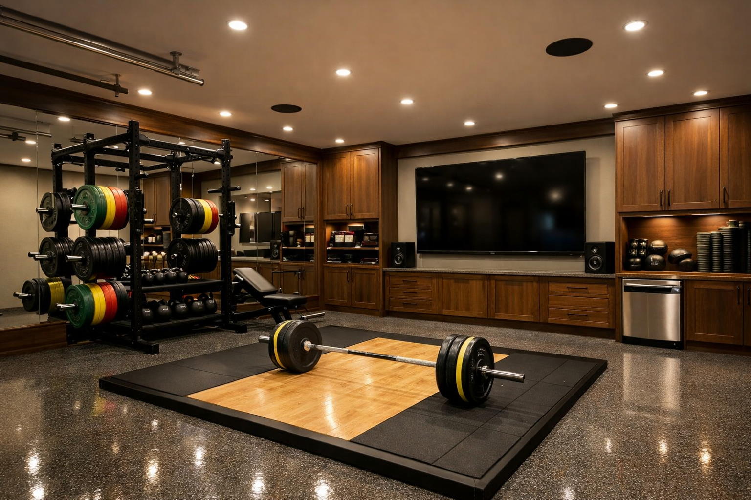 High-end garage gym with custom equipment rack and sophisticated lighting