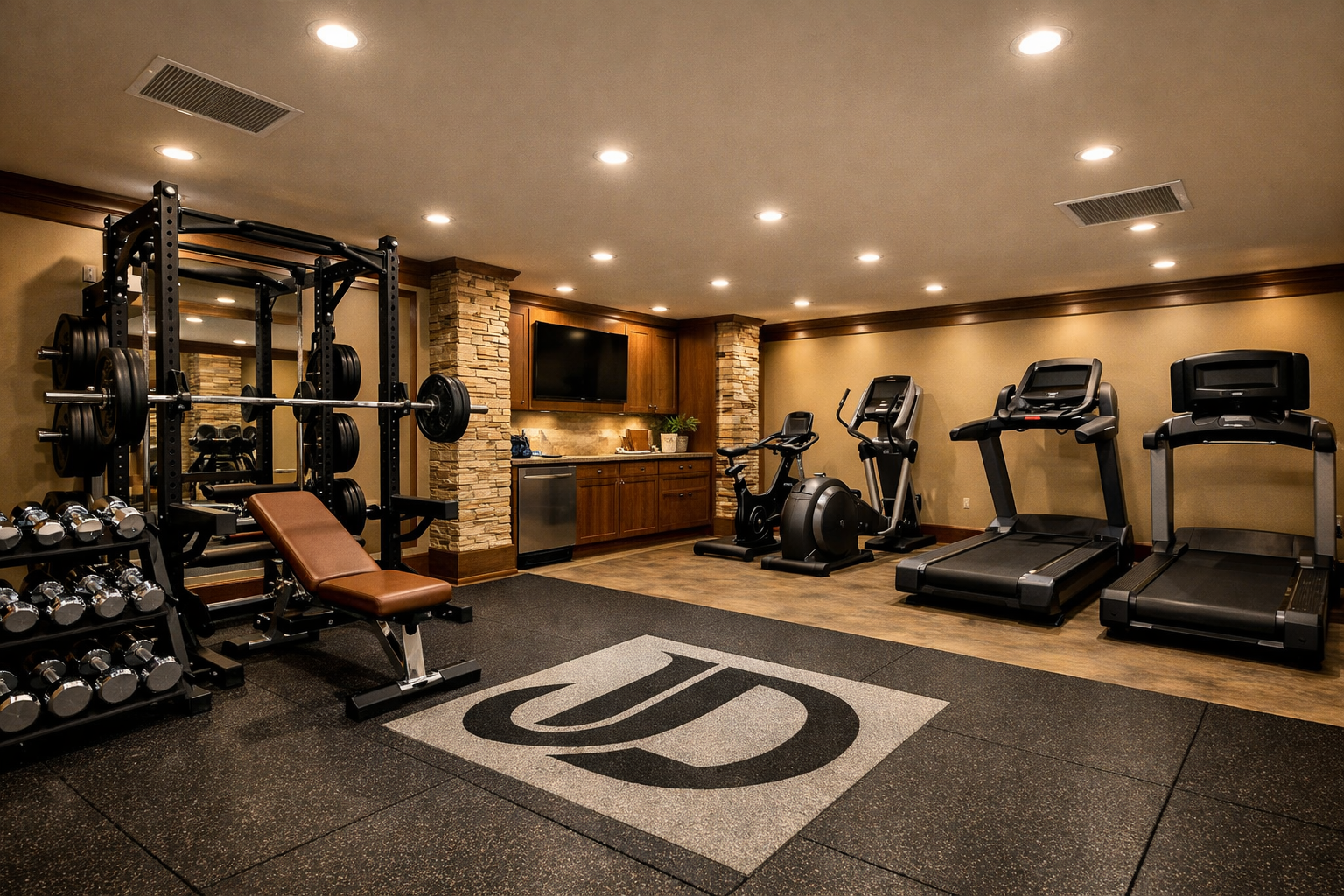 Luxury garage gym featuring premium commercial-grade equipment and custom flooring