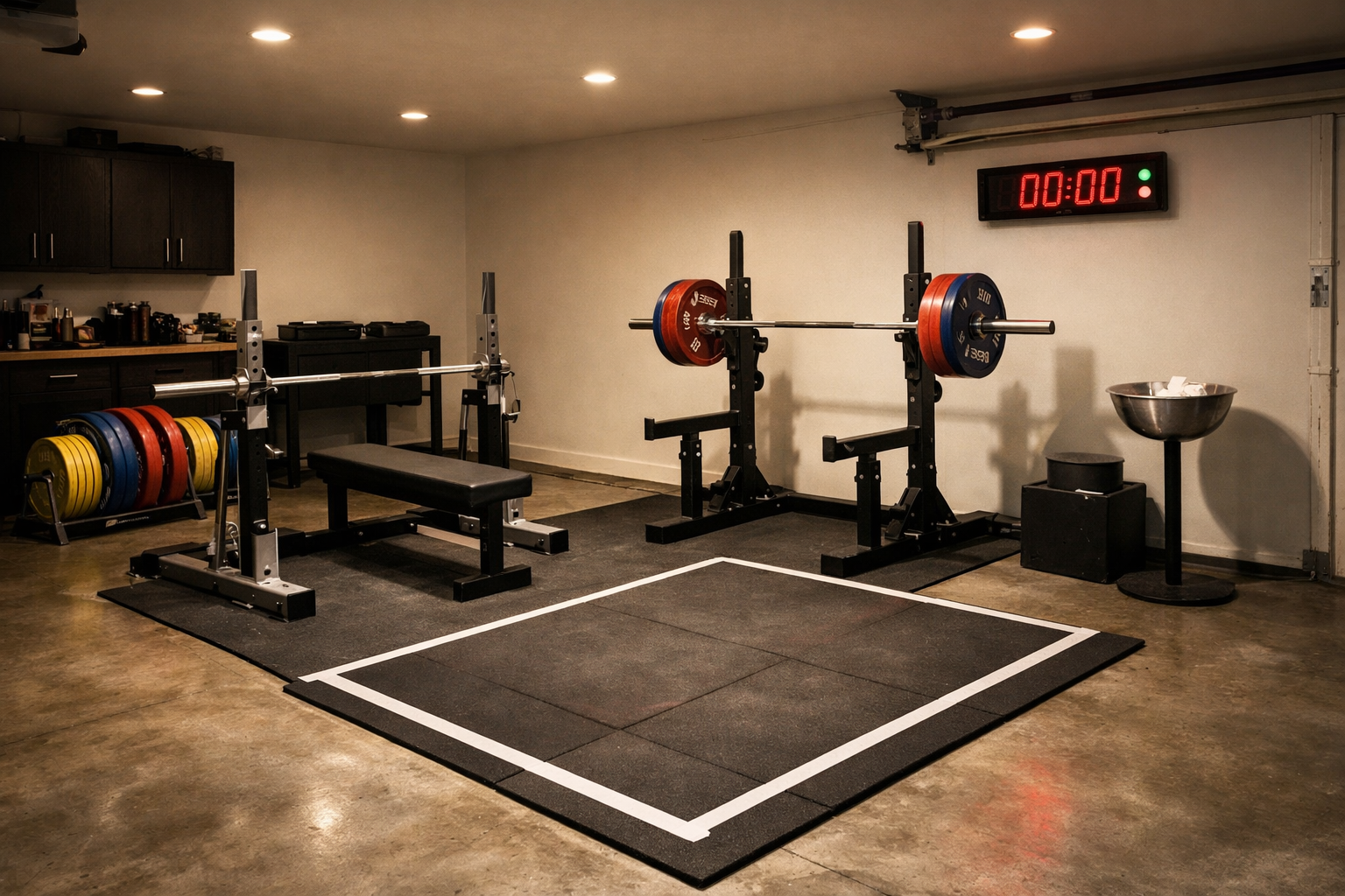 Competition-style powerlifting garage with regulation equipment and platform