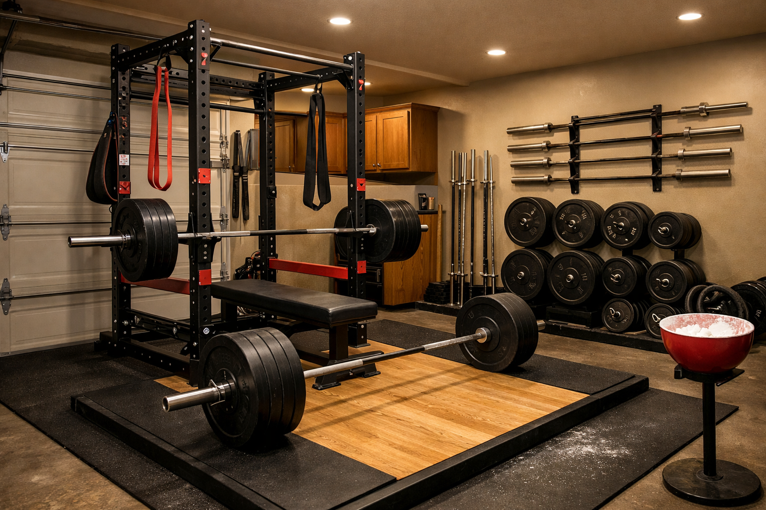 Powerlifting garage featuring heavy-duty power rack and competition bench