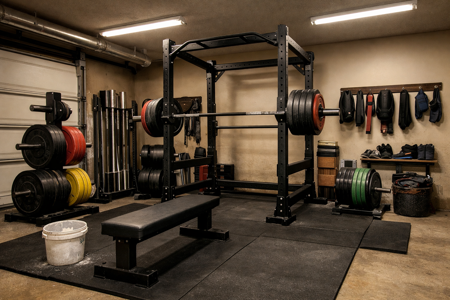 Raw powerlifting garage with industrial power cage and basic equipment