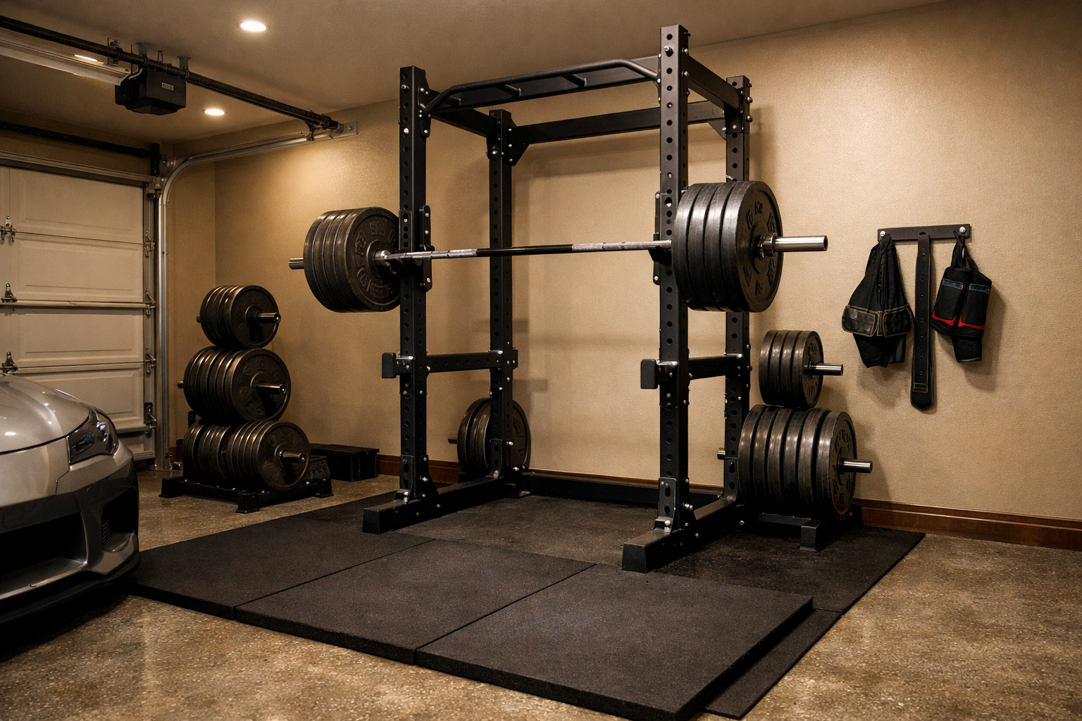 Serious powerlifting garage with squat rack and iron plate storage