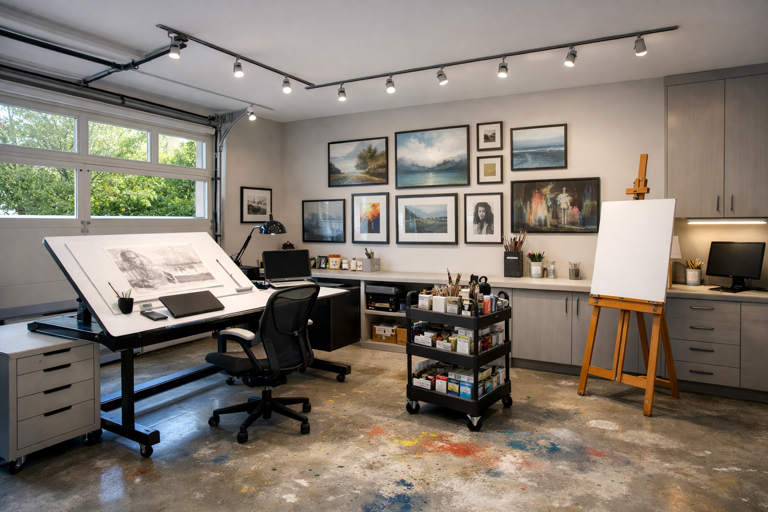 Artist's creative garage studio with drafting table and gallery wall