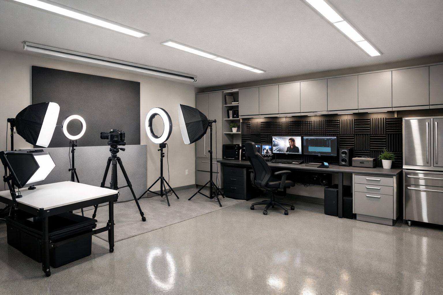 Content creator garage studio with video equipment and editing setup