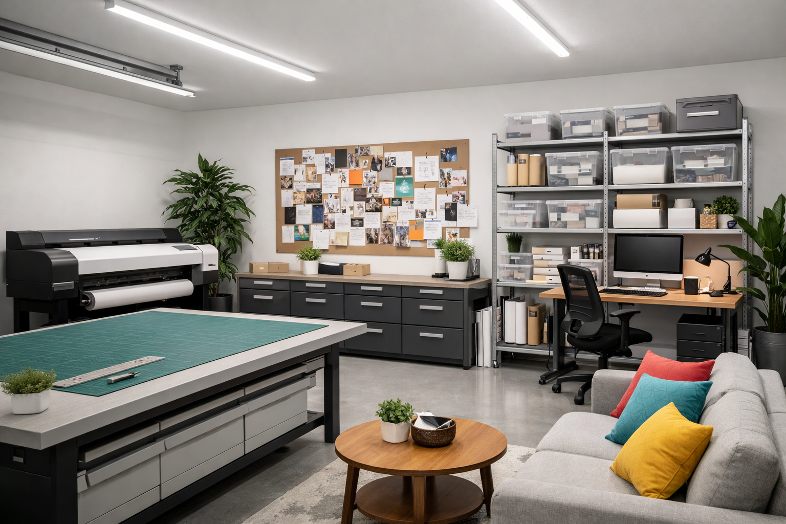 Graphic designer's garage studio with large printer and inspiration wall