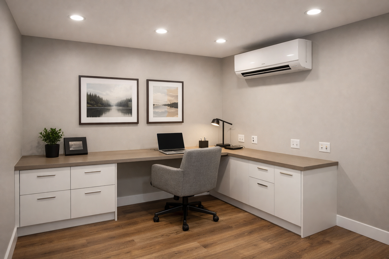 Fully finished insulated garage office with drywall and luxury flooring