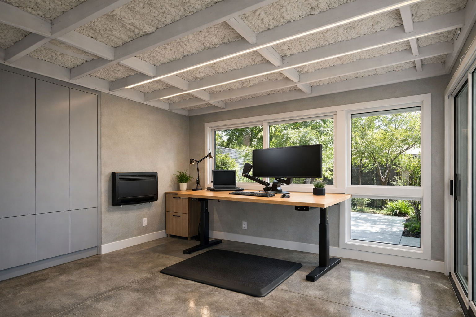 Industrial style insulated garage office with exposed painted beams