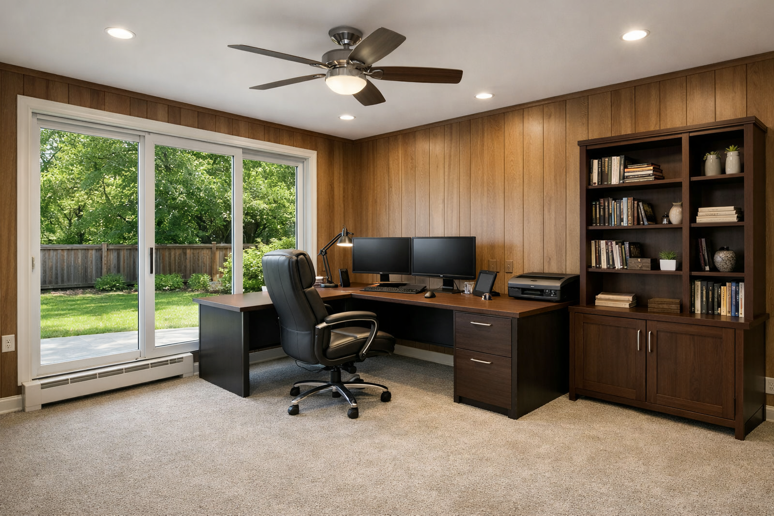 Traditional insulated garage office with wood paneling and carpet