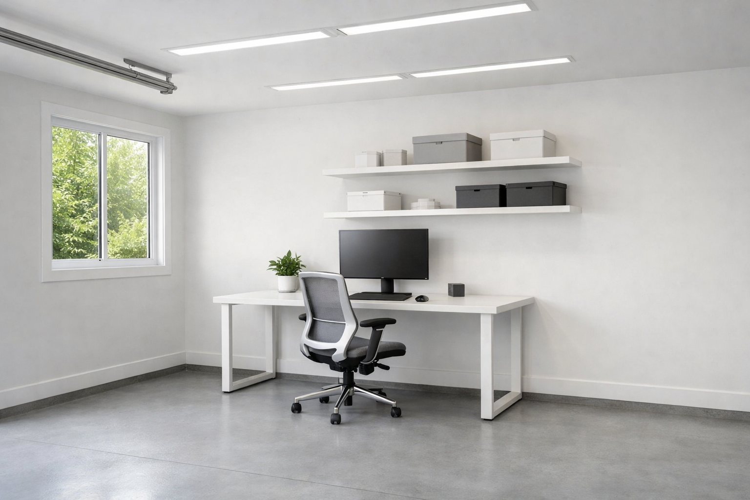 Minimalist white garage office with clean desk and natural lighting