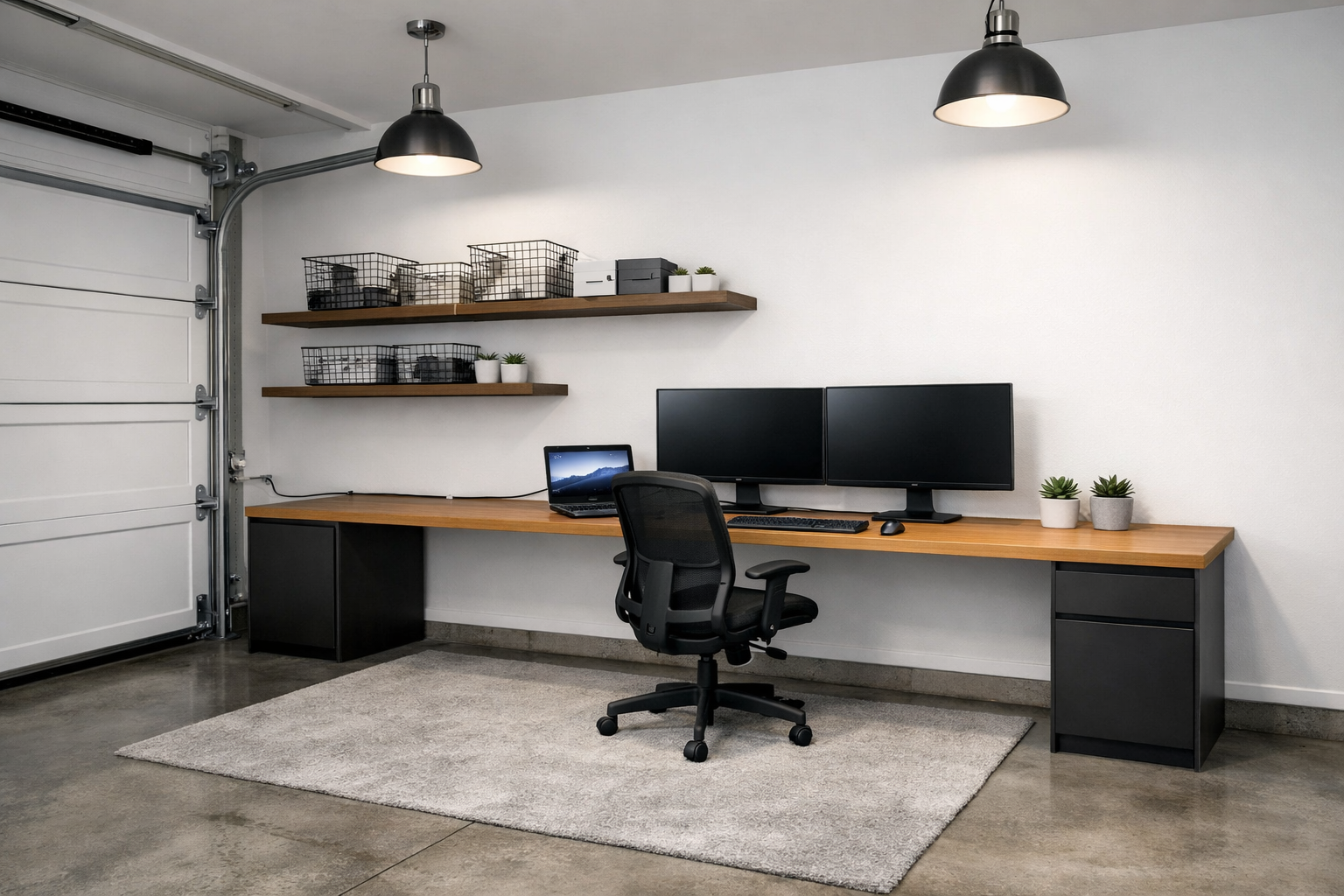 Wooden desk minimalist garage office with dual monitor setup