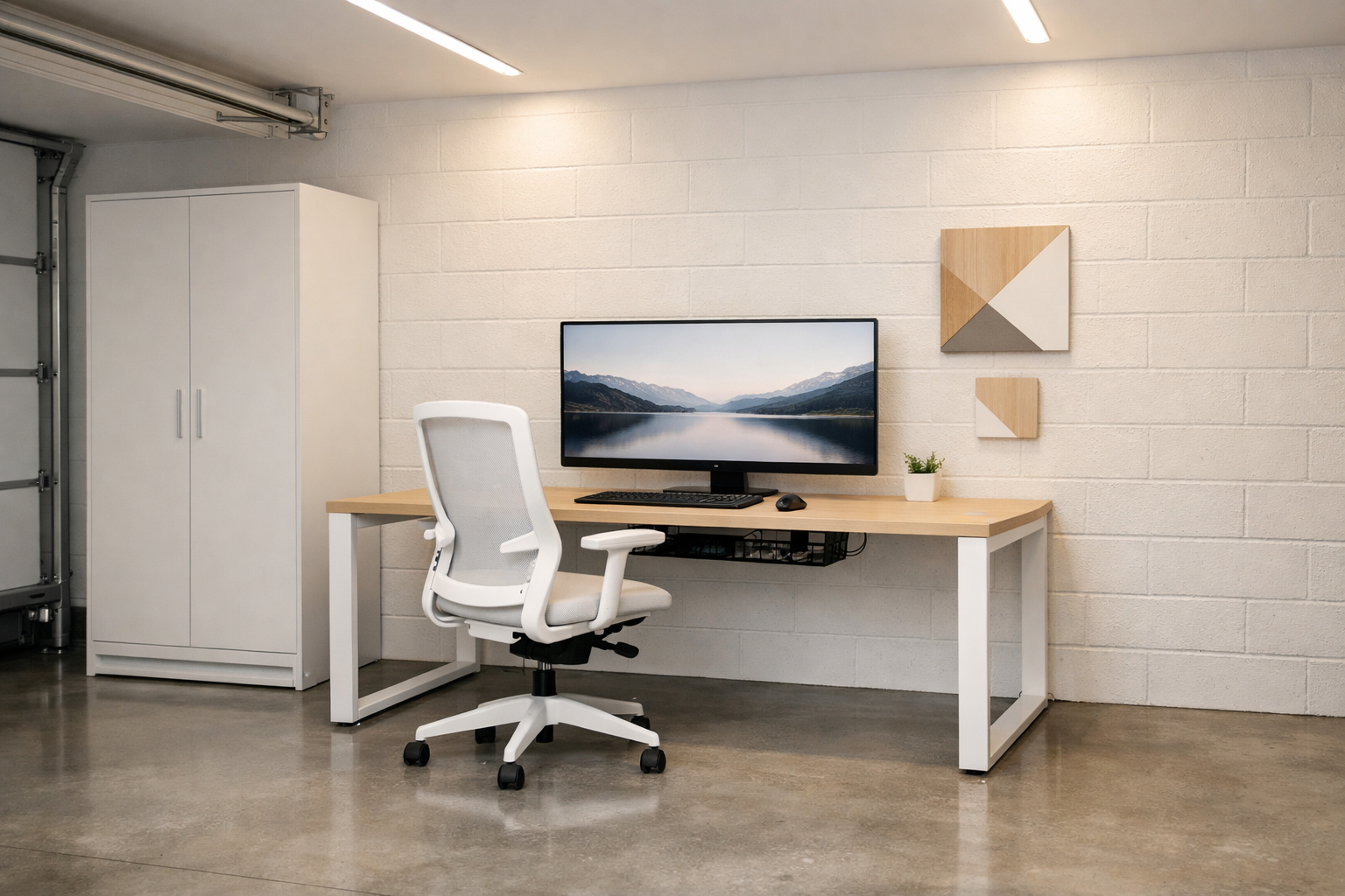 Scandinavian style minimalist garage office with light wood desk