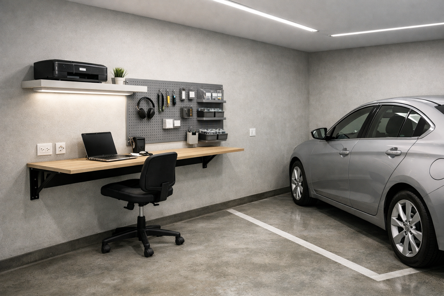 Shared garage office space with wall-mounted desk and parked sedan