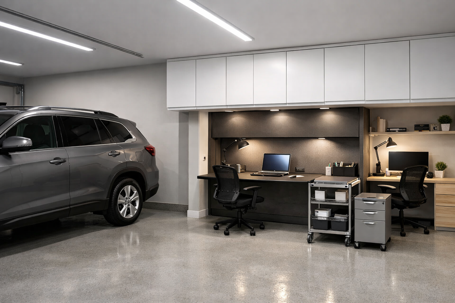 Corner office setup in two-car garage with SUV parked nearby