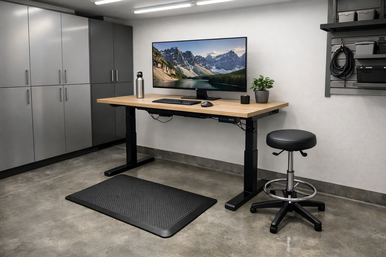 Electric standing desk garage office with anti-fatigue mat and tall stool