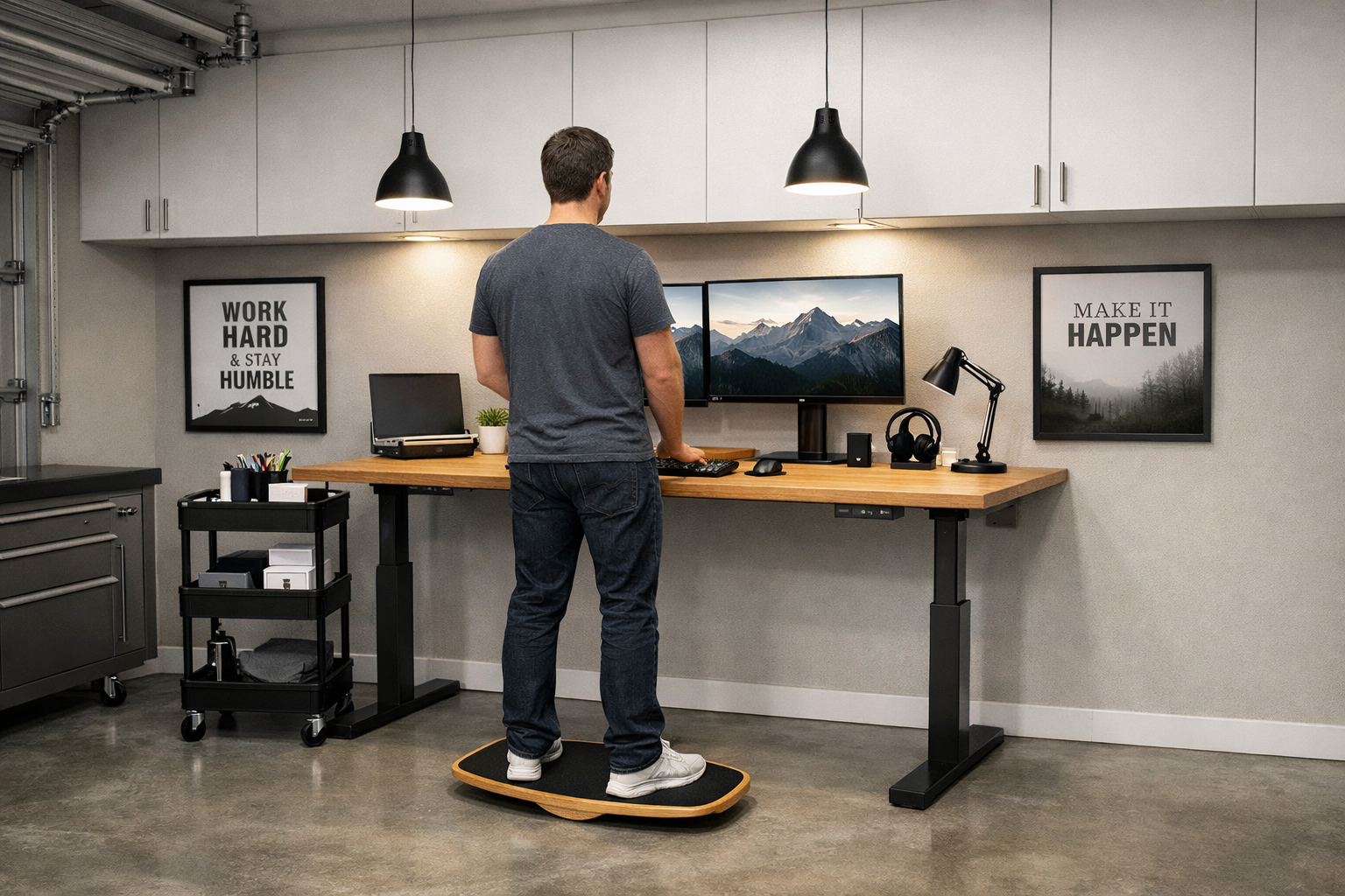 DIY butcher block standing desk with balance board in garage office