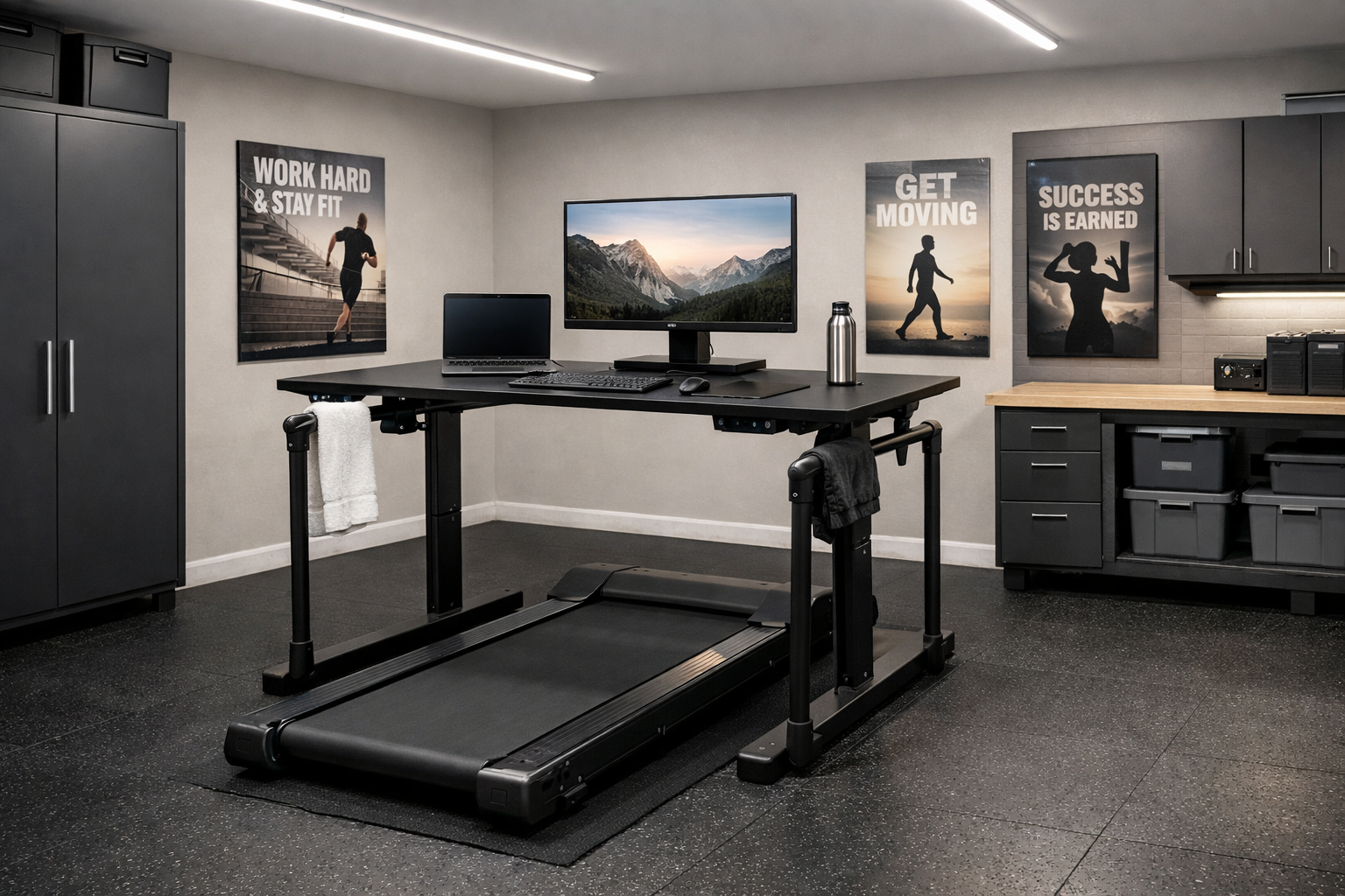 Treadmill desk garage office for walking while working