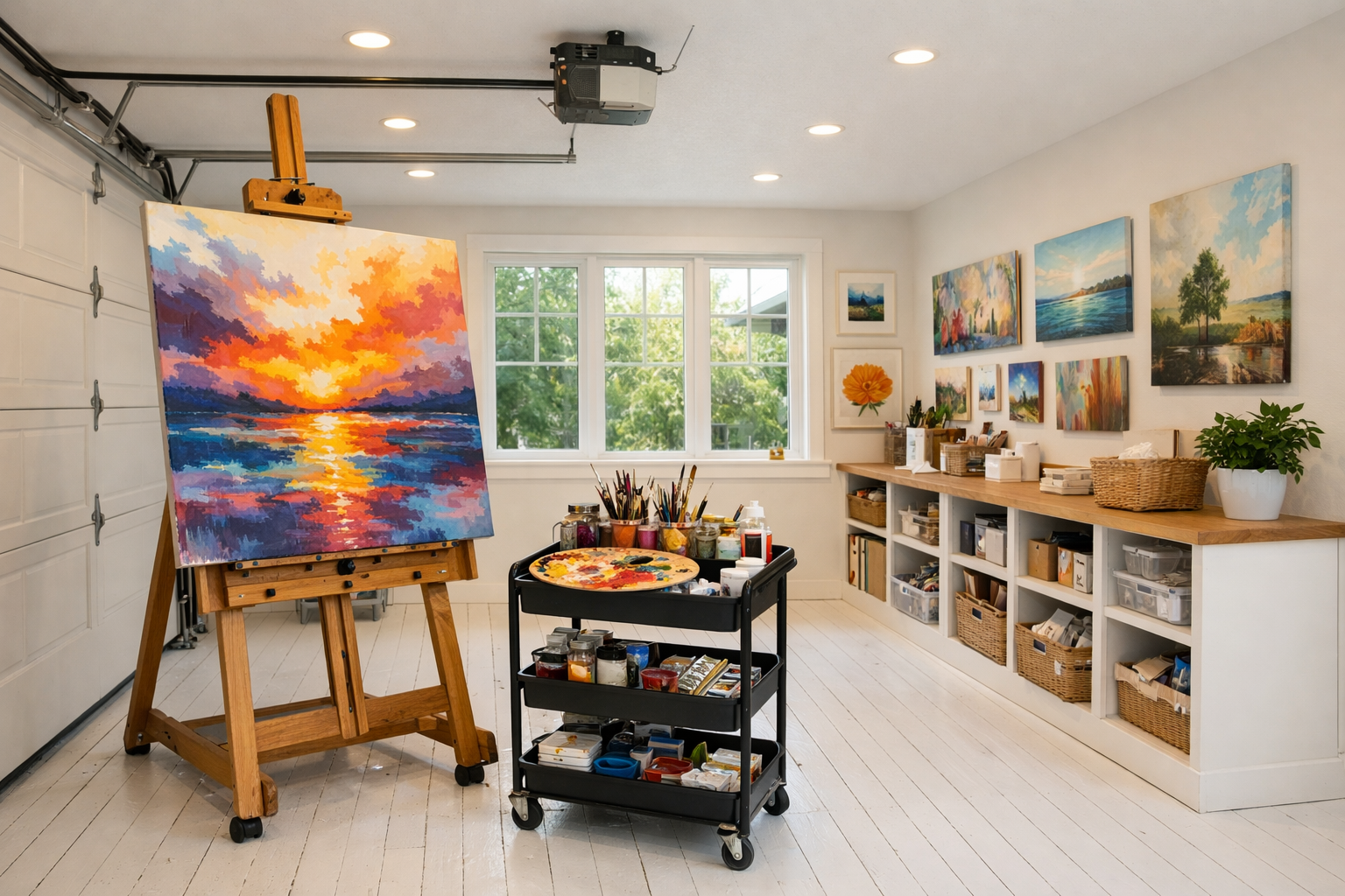Bright art studio garage with large easel and paint supplies on rolling cart