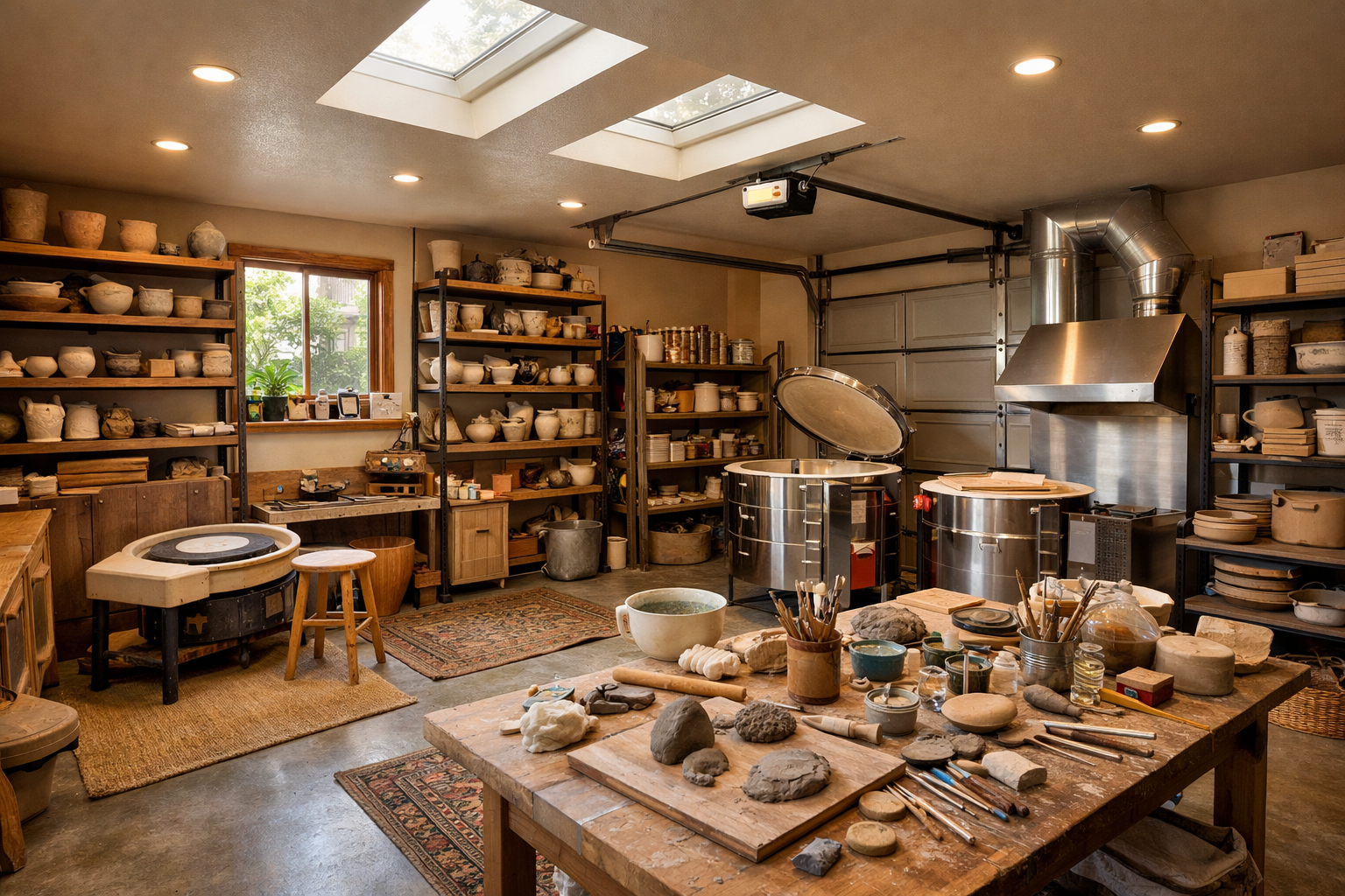 Mixed media garage studio with pottery wheel and ceramic display shelving