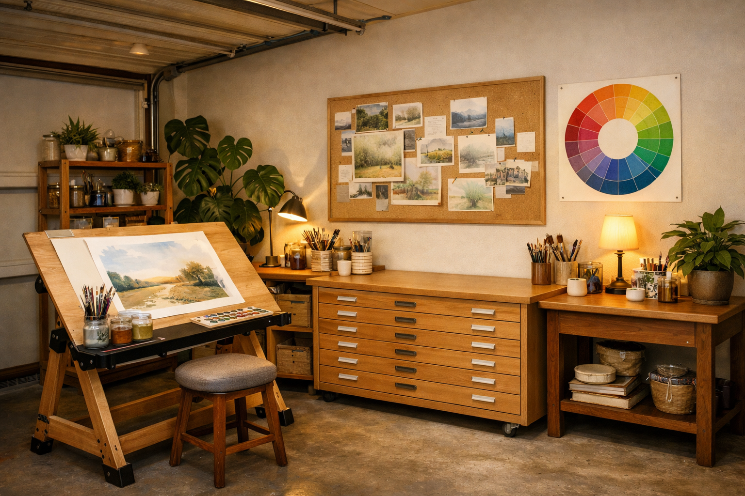 Watercolor garage studio with slanted drafting table and flat file storage