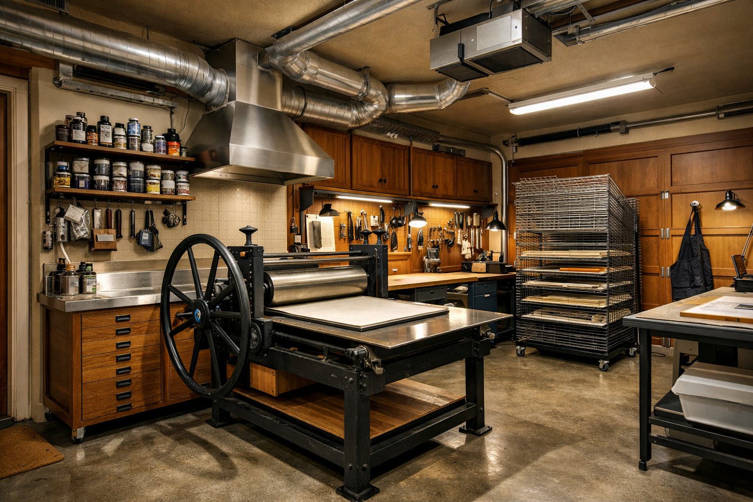 Printmaking garage studio with printing press and ink drying racks