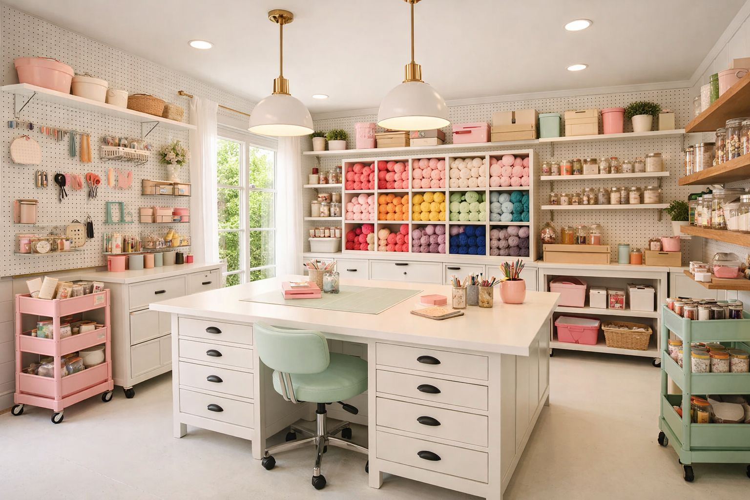Bright garage craft room with white pegboard walls and colorful yarn storage