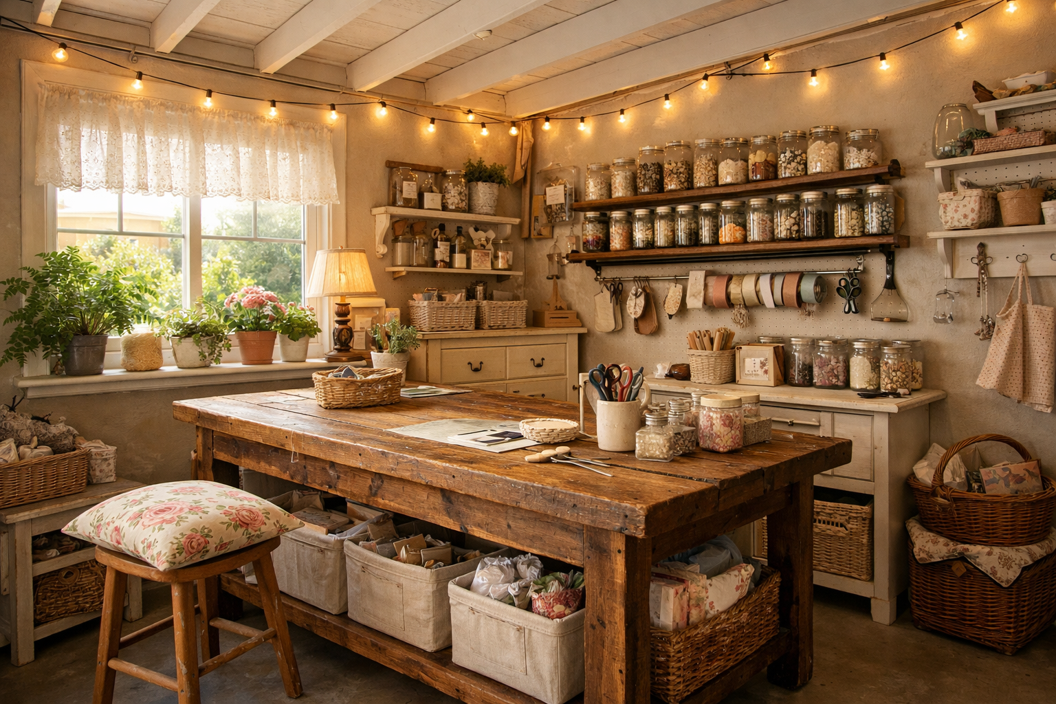 Cozy garage craft studio with vintage workbench and mason jar storage