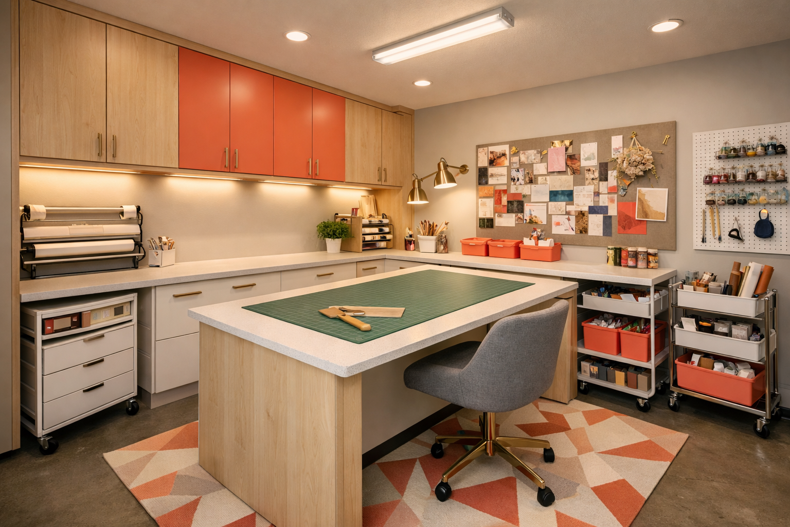 Modern garage craft room with built-in storage and geometric rug