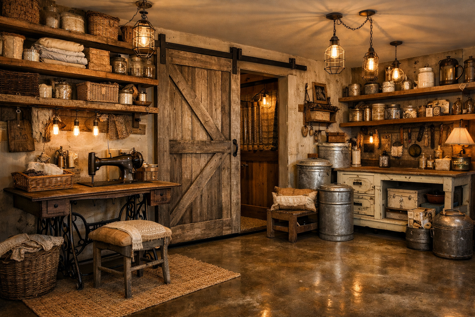 Rustic garage craft room with reclaimed wood shelving and vintage sewing machine