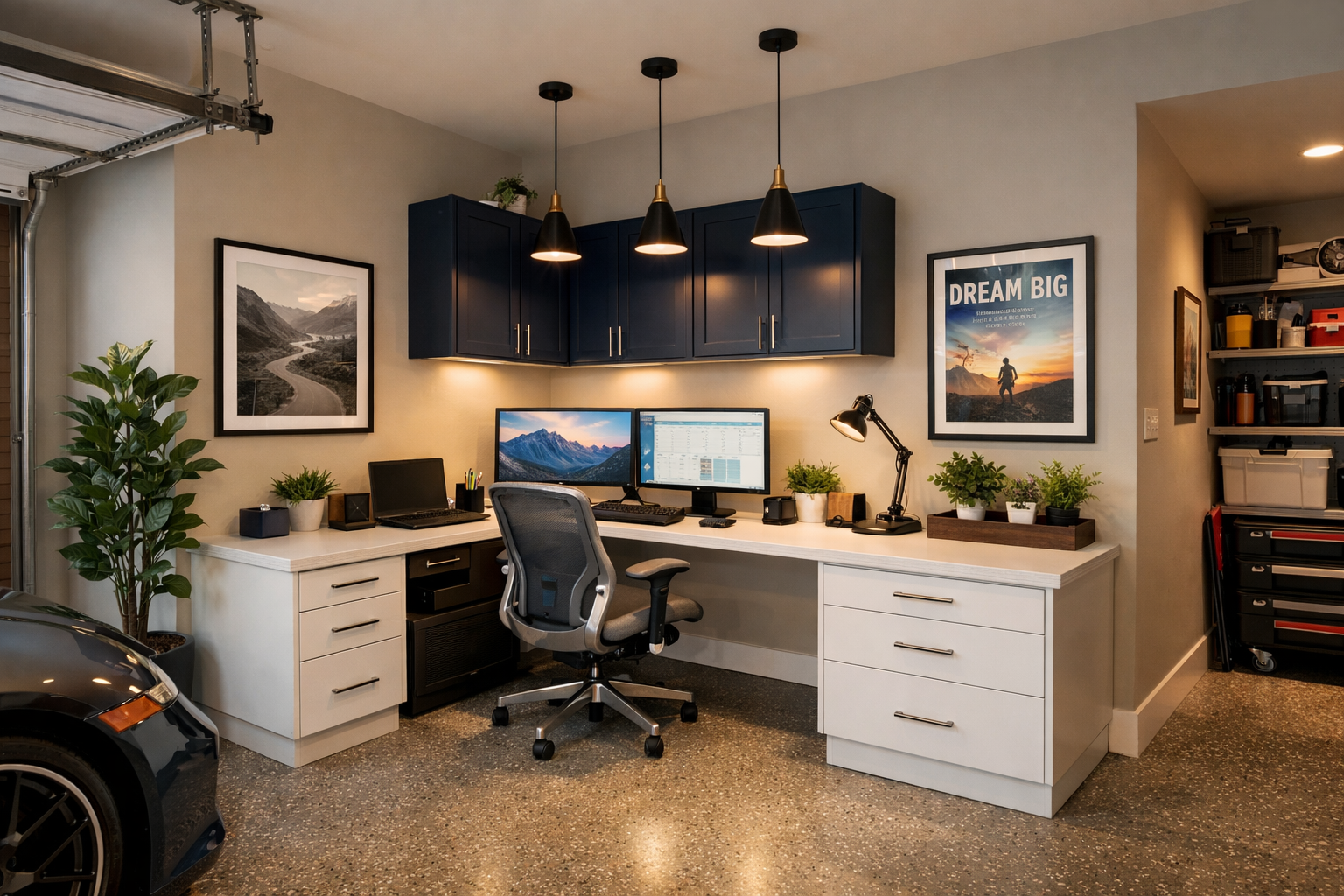Professional garage home office with L-shaped desk and dual monitors