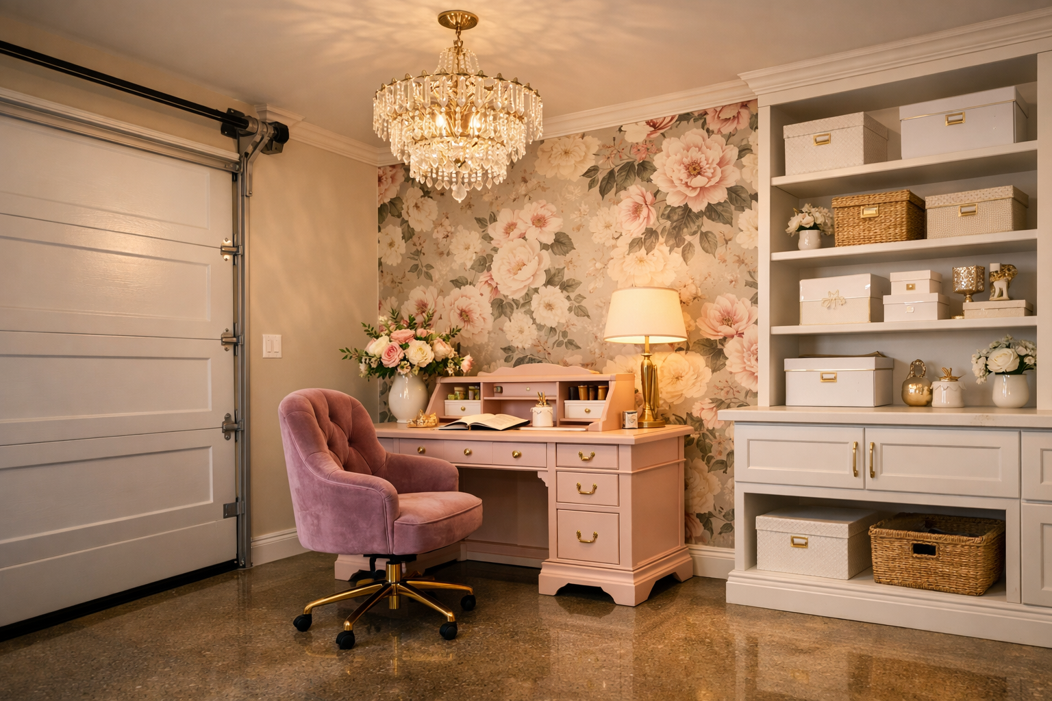 Feminine garage office with vintage pink secretary desk and crystal chandelier