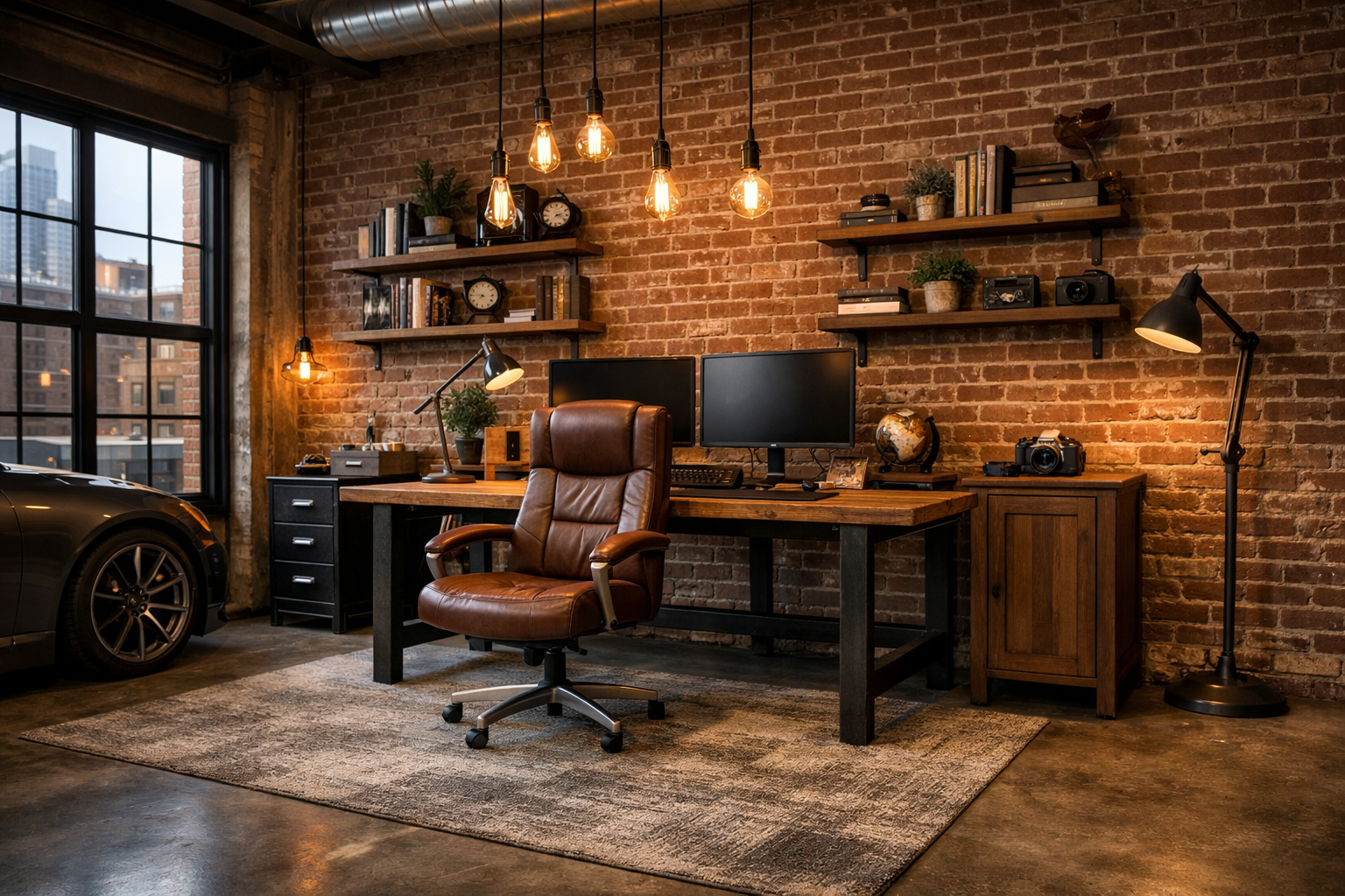 Industrial chic garage office with exposed brick wall and metal desk